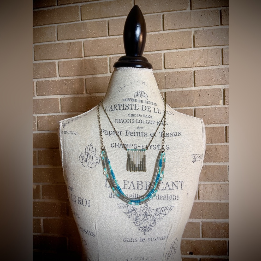 Lovely Blue and Silver Beaded Multi Strand Boho Style Necklace